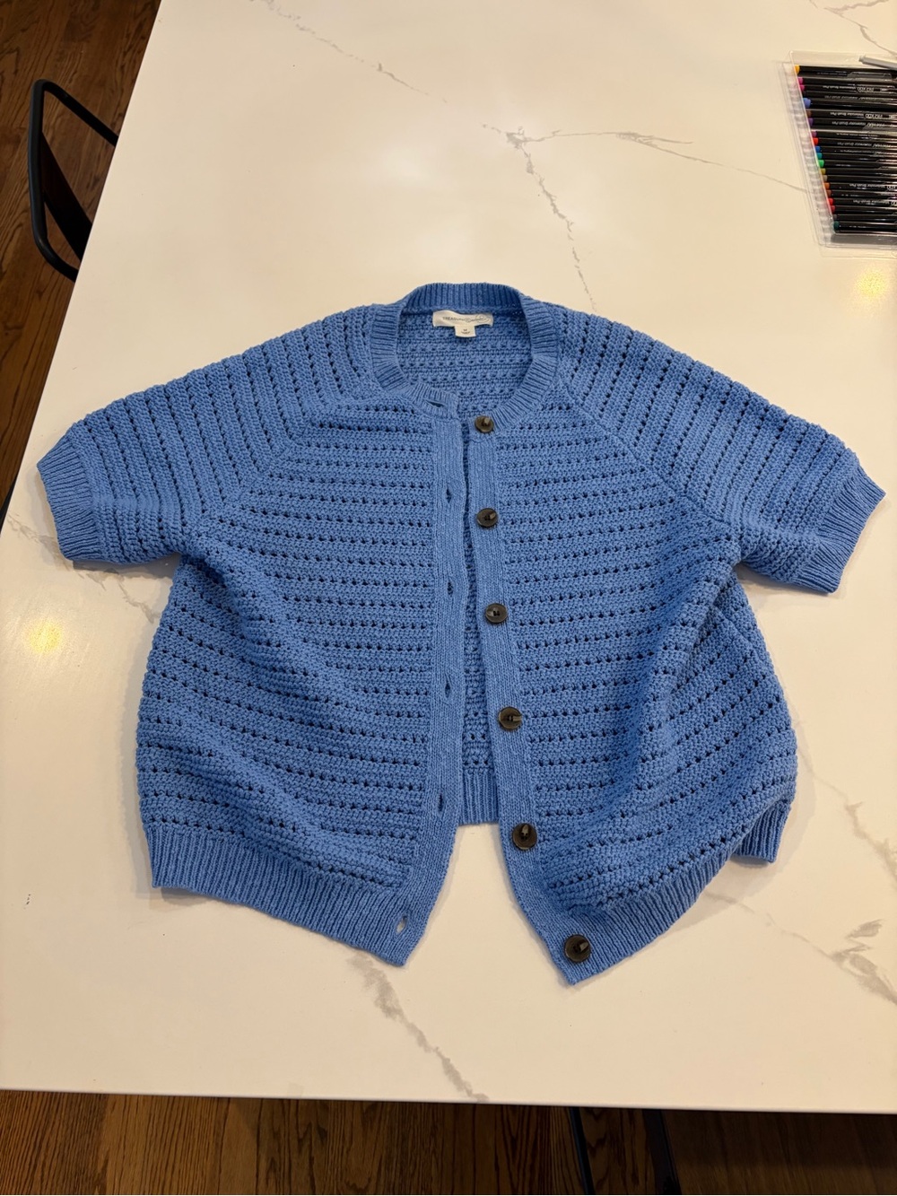Treasure & Bond Light Blue Crochet Knit Short-Sleeve Cardigan - Size Medium